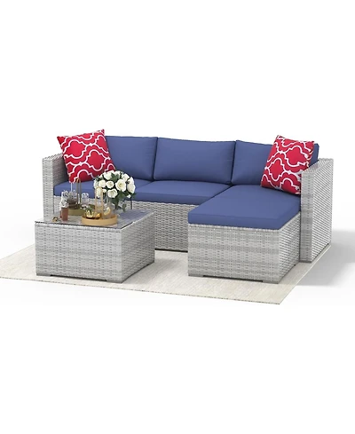GarveeLife 5 Piece Outdoor Convertible Sectional Set with Ottoman and Tempered Glass Table, Pe Rattan Conversation Seating