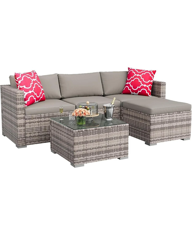 GarveeLife 5 Piece Outdoor Convertible Sectional Set with Ottoman and Tempered Glass Table, Pe Rattan Conversation Seating