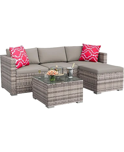 GarveeLife 5 Piece Outdoor Convertible Sectional Set with Ottoman and Tempered Glass Table, Pe Rattan Conversation Seating