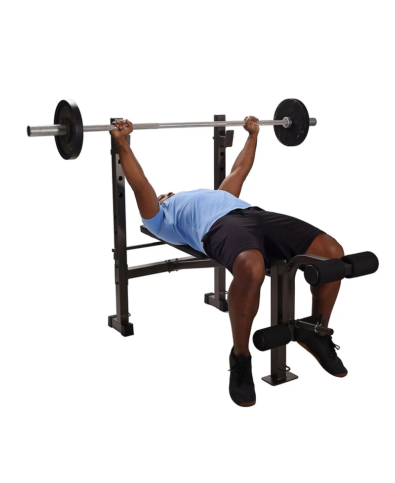Stamina Adjustable Steel Weights Bench and Barbell Rack Combo Set with Resistance Band Anchor Points for Home Gym Workout or Exercise, Black