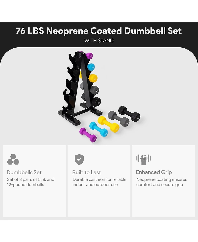 BalanceFrom Fitness 3, 5, 8, 10 & 12 Pound Neoprene Dumbbell Weight Set w/ Stand