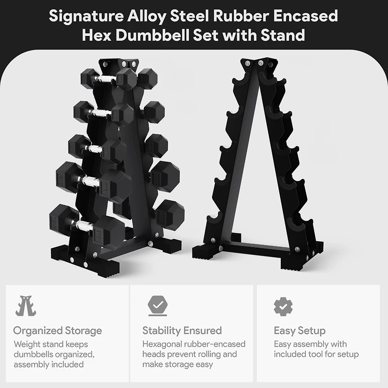 BalanceFrom Fitness Signature Steel Rubber Encased Hex Textured Dumbbell Workout Set with Rack & 5 Pairs of 5, 8, 10, 12, and 15 Pound Weights, Black