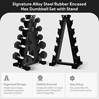 BalanceFrom Fitness Signature Steel Rubber Encased Hex Textured Dumbbell Workout Set with Rack & 5 Pairs of 5, 8, 10, 12, and 15 Pound Weights, Black
