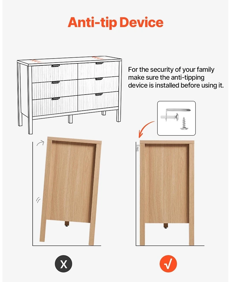 Gouun Fluted 6-Drawer Dresser with Anti-Tip Device