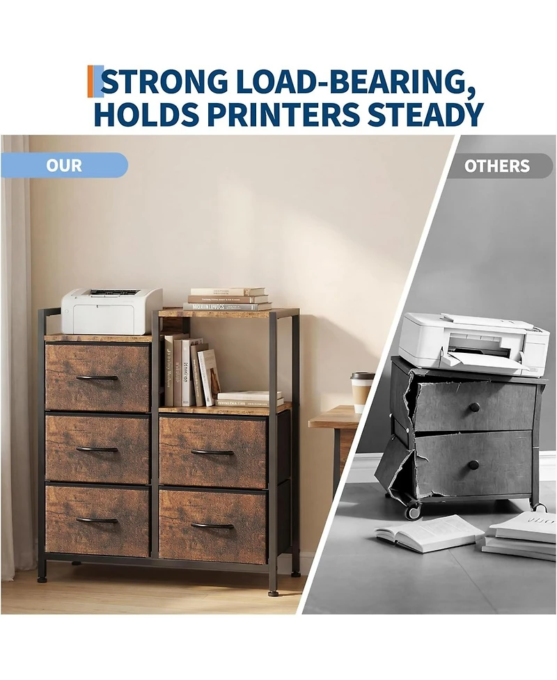gaomon 5-Drawer Filing Cabinet with Open Storage Shelves and Rolling Printer Rack, Fabric Horizontal File Cabinet