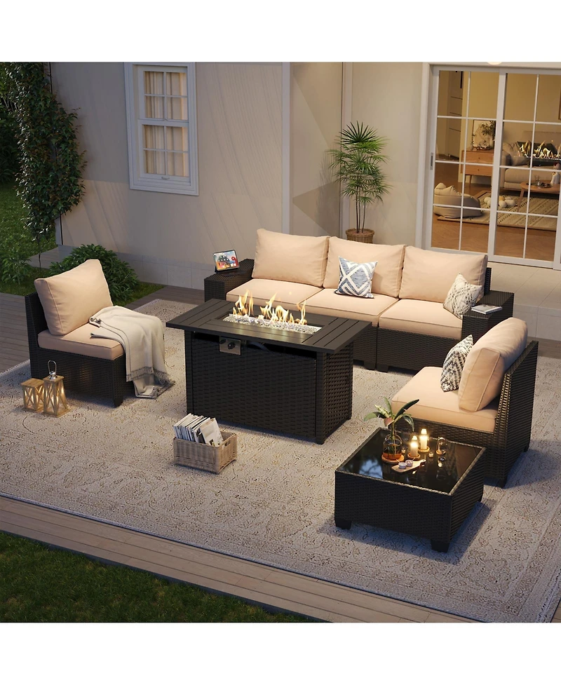Aoxun 7-Piece Wicker Outdoor Sectional Sofa Set with Cushions with 44" Propane Fire Pit Table