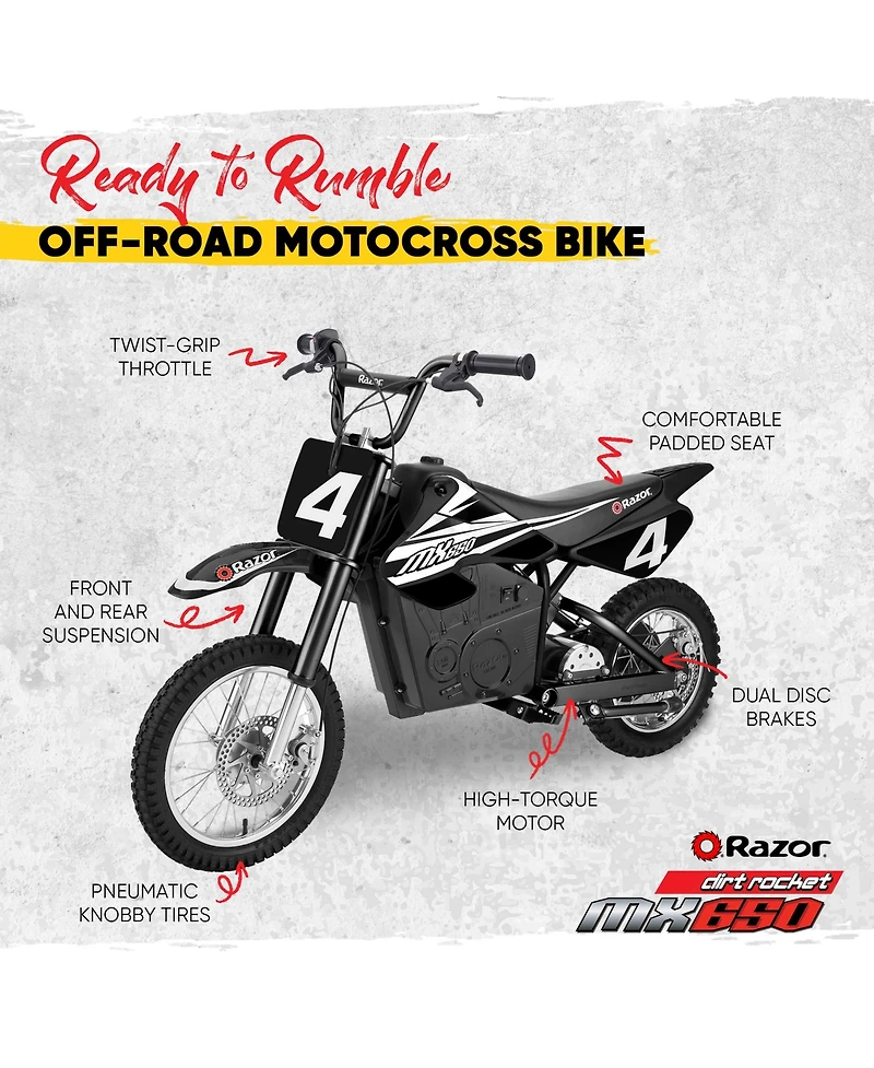 Razor MX650 Dirt Rocket High-Torque Electric Motocross Dirt Bike, Black