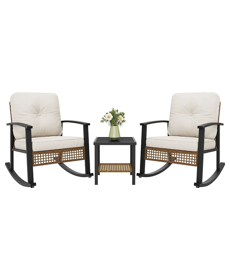 Aoxun Indoor Outdoor Rocking Chair 3 Piece Set Metal Frame Patio Furniture with Wicker Accent and Side Table