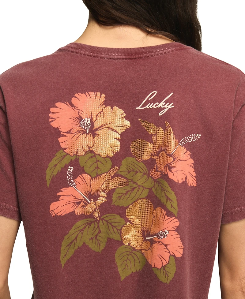 Lucky Brand Women's Hibiscus Print Crewneck Boyfriend T-Shirt