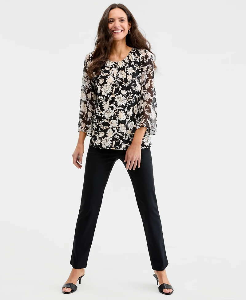 Jm Collection Women's Printed Chiffon-Sleeve Gathered-Neck Top, Macy's Exclusive