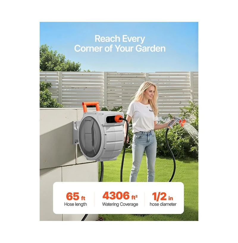 Sugift Retractable Garden Hose Reel 1/2 in x 65 ft Wall Mounted Heavy Duty