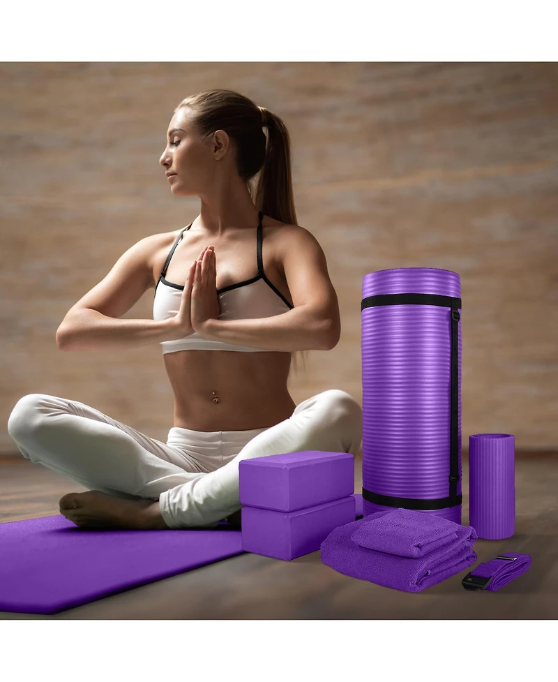 BalanceFrom Fitness 7 Piece Yoga Set with Mat, Stretch Strap, & Knee Pad, Purple
