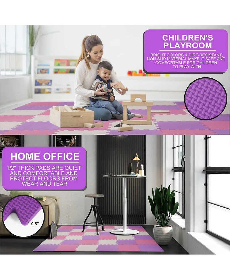 BalanceFrom 36 Piece Kids Puzzle Play Mat, Foam Floor Tiles, Pink/Purple/Beige