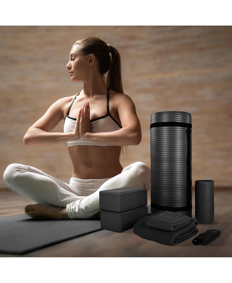 BalanceFrom Fitness 7 Piece Yoga Set with Mat, Stretch Strap, & Knee Pad, Black
