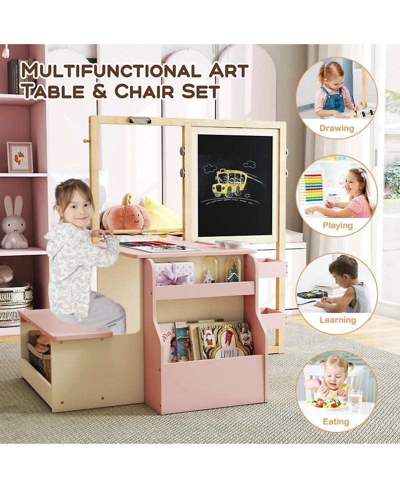 Gouun Kids Art Center Wooden Table and Bench Set with Paper Roll
