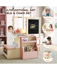 Gouun Kids Art Center Wooden Table and Bench Set with Paper Roll