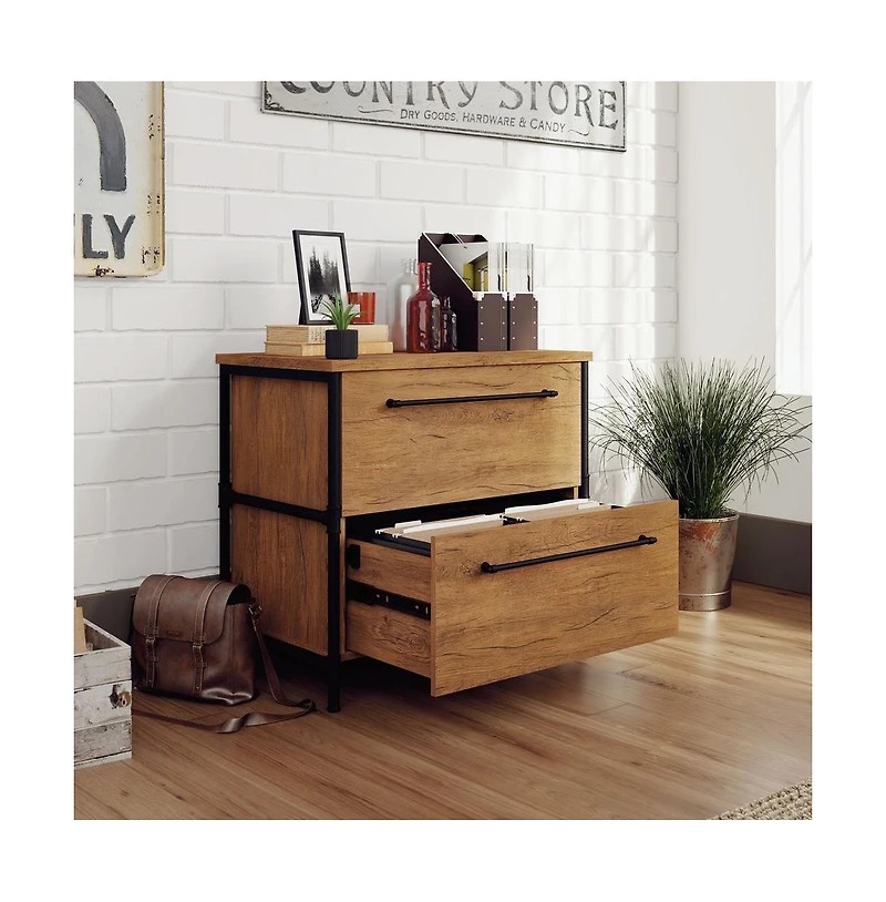 Sauder Iron City File Cabinet, Checked Oak finish