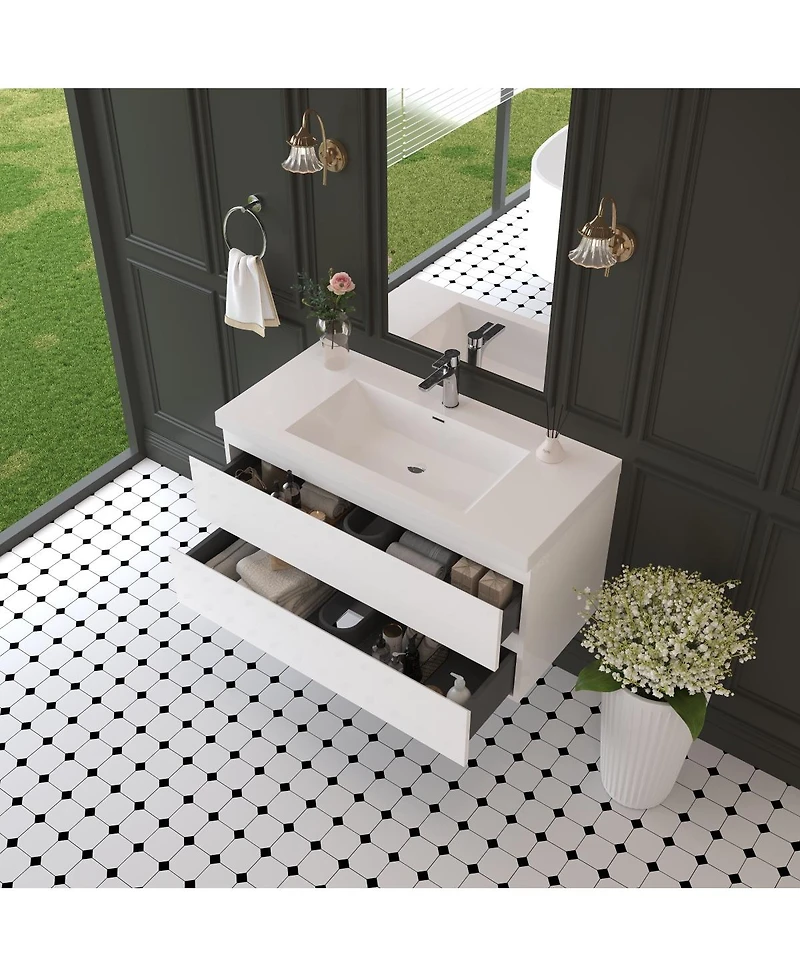 Sillysis Inch Glossy Wall Mounted Bathroom Vanity with Resin Sink and Soft Close Drawers