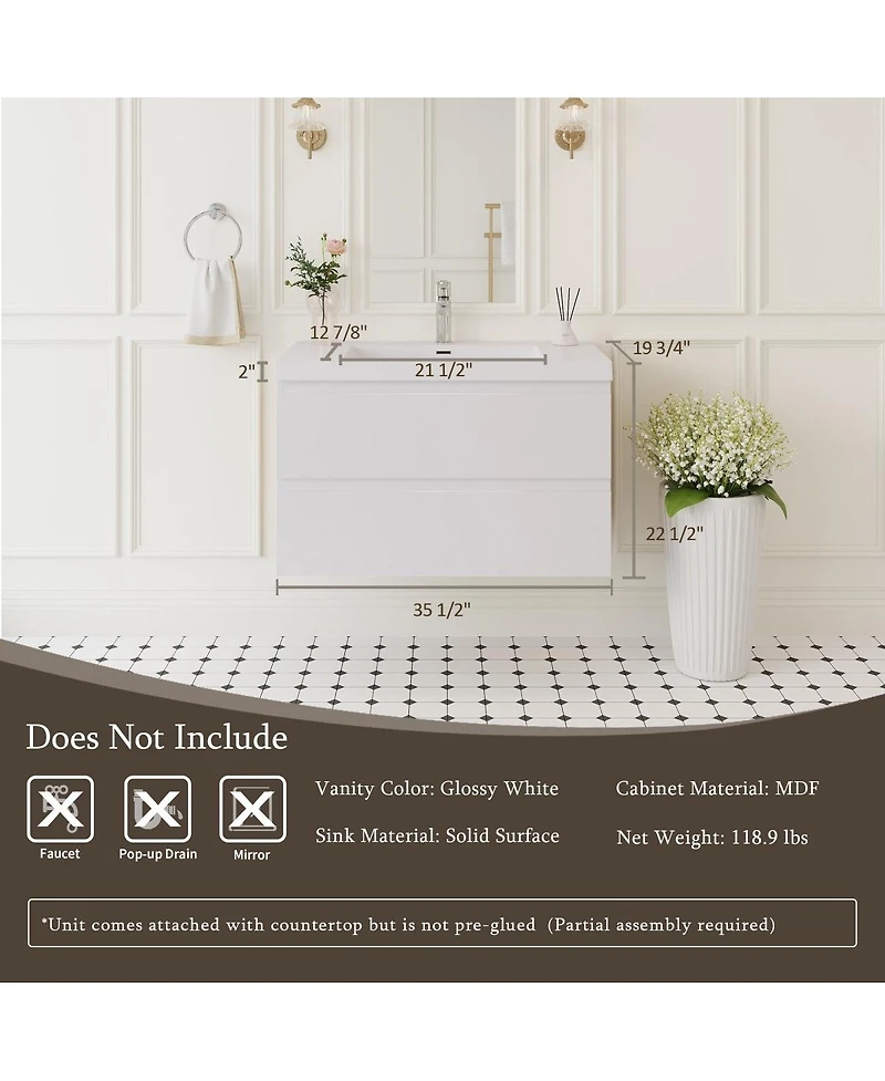 Sillysis Inch Glossy Wall Mounted Bathroom Vanity with Resin Sink and Soft Close Drawers