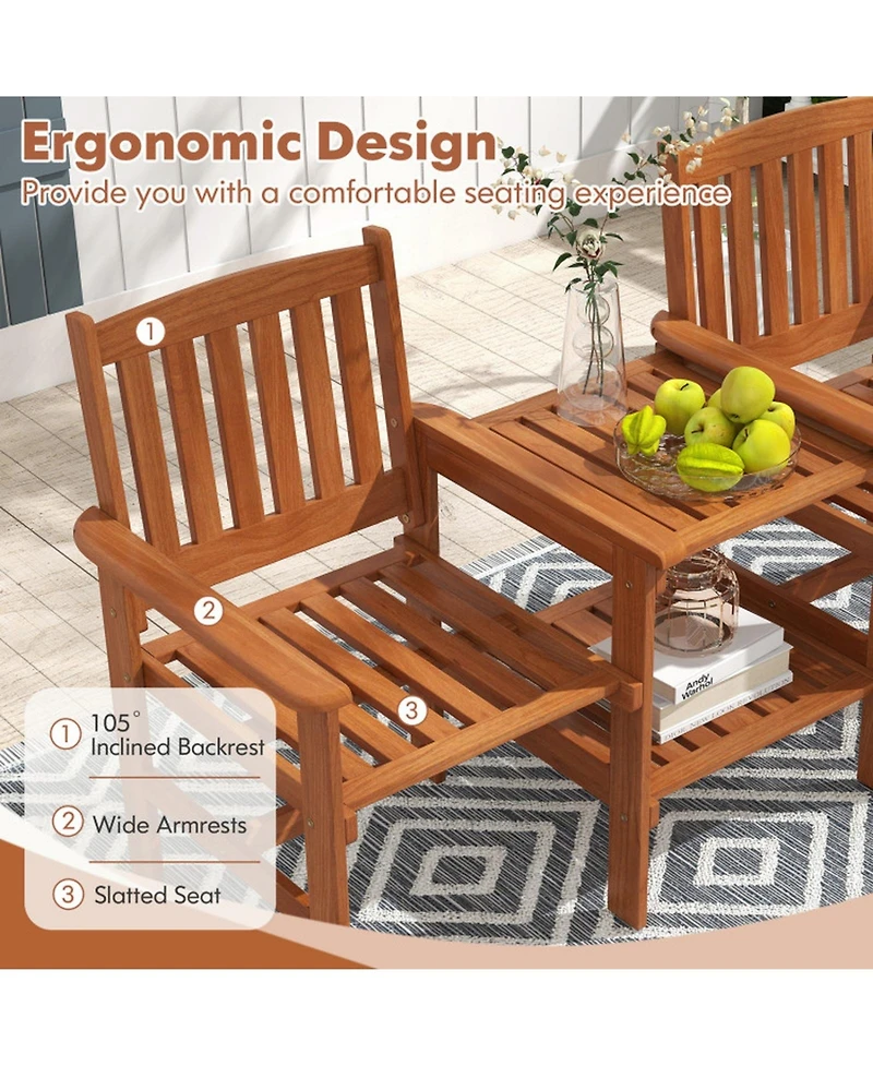 Gouun 2-Seater Solid Wood Outdoor Chair Set with 2-Tier Side Table and Umbrella Hole