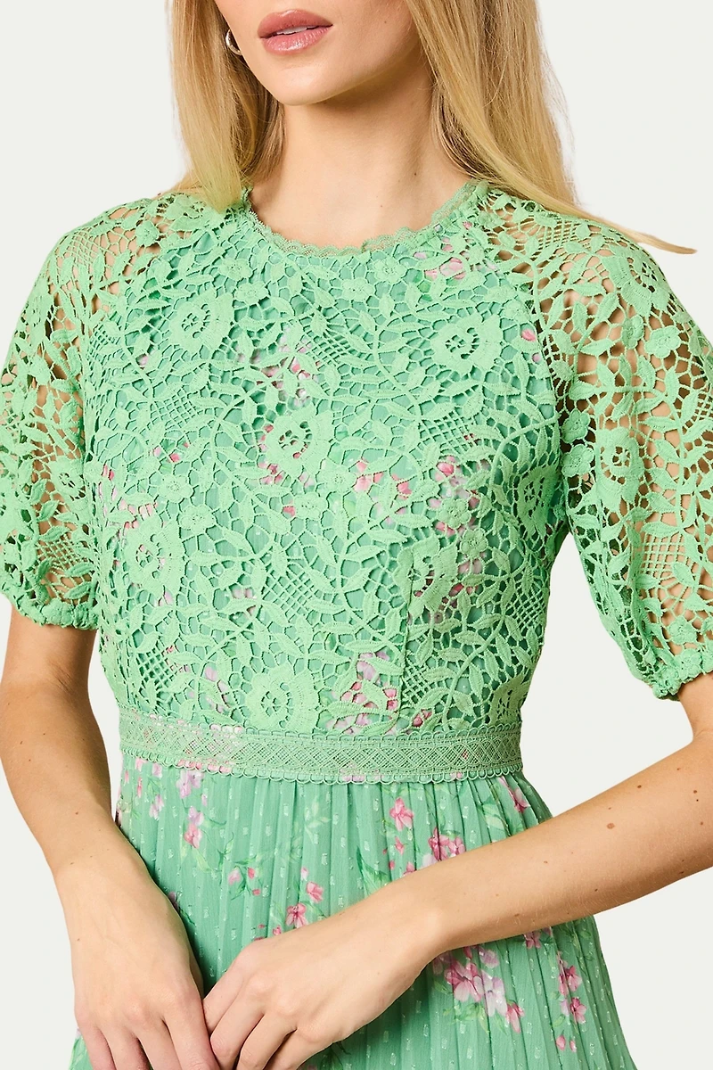 Oasis Women's Floral Lace Bodice Pleated Midi Dress
