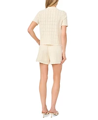CeCe Women's Pointelle Short-Sleeve Collared Sweater