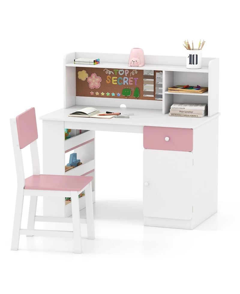 Slickblue Children Desk Chair Set with Storage Hutch and Side Shelves