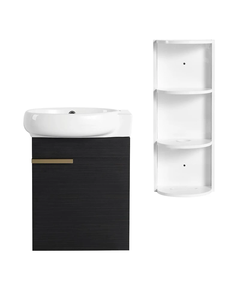 Sillysis 16.8 Inch Bathroom Vanity with 3-Tier Storage Rack and Ceramic Sink, Black Wall Mounted Modern Cabinet, Soft Close Door for Small Spaces