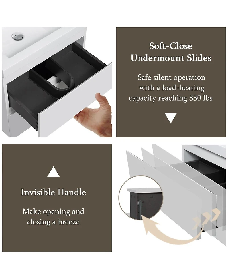 Sillysis Inch Glossy Wall Mounted Bathroom Vanity with Resin Sink and Soft Close Drawers, Easy Installation