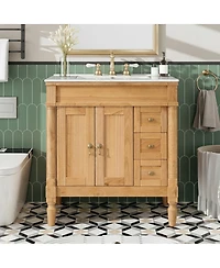 Sillysis 30 Inch Bathroom Vanity with Ceramic Sink, Solid Wood Free-Standing Cabinet, Soft Close Storage, Adjustable Shelf