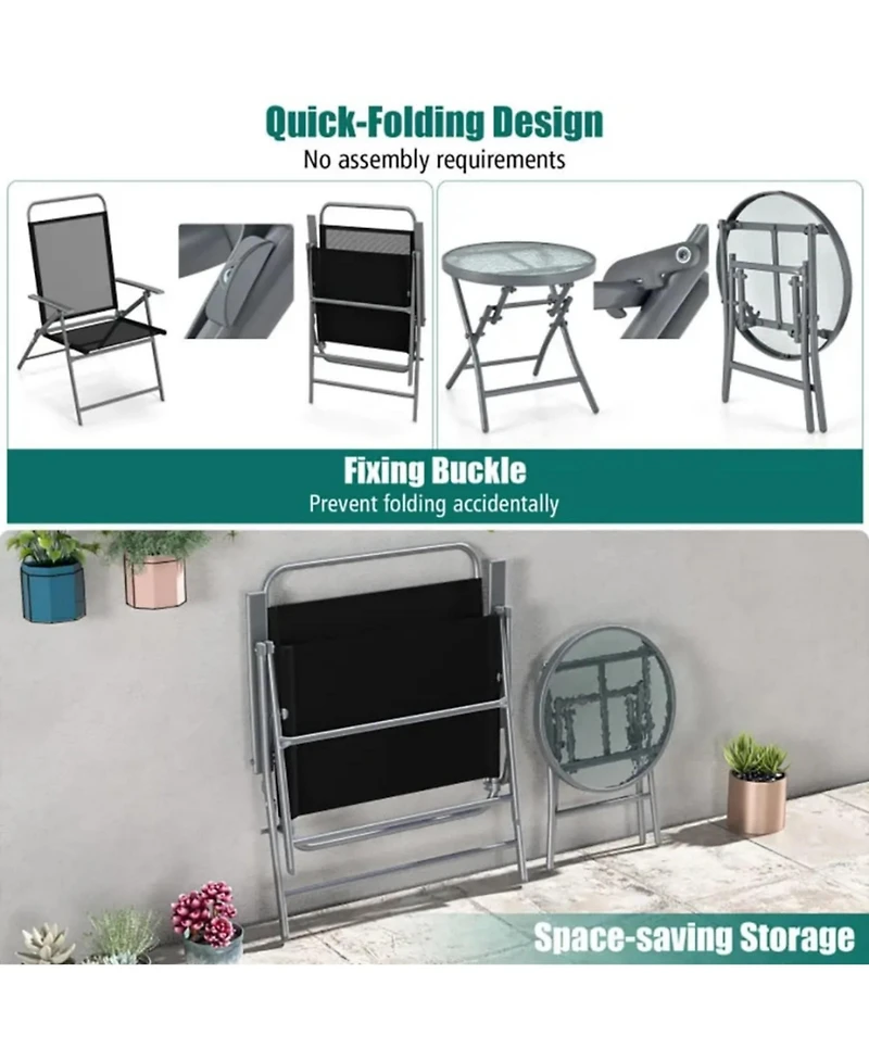 Yiortwo 3 Piece Folding Patio Furniture Set Metal Chairs with Glass Table