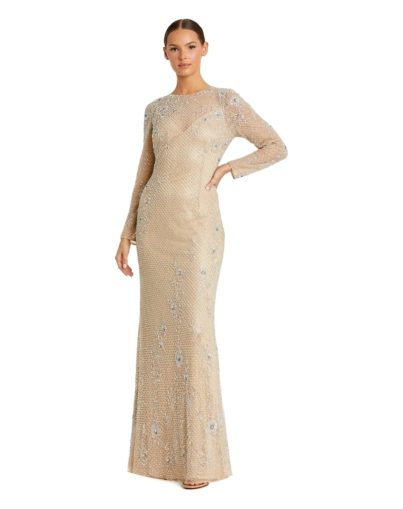 Mac Duggal Women's Long Sleeve Beaded Sheath Evening Gown