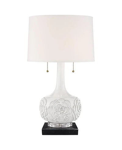 Possini Euro Design Natalia Country Cottage Table Lamp with Square Marble Riser 27" Tall Floral Ceramic Drum Shade for Bedroom Living Room