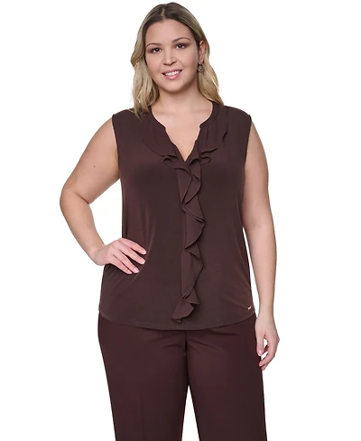Calvin Klein Plus Sleeveless Ruffle-Front V-Neck Top