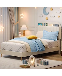 homfan Upholstered Bed Frame with Bookcase Headboard, Storage Cubbies and Wooden Slats Support