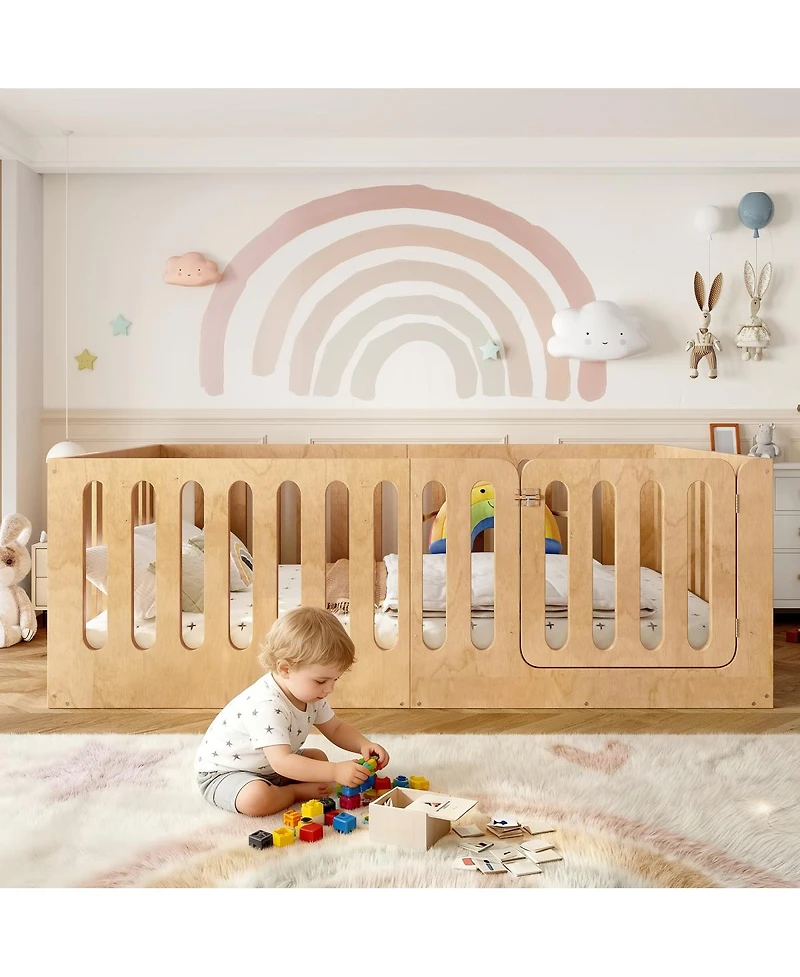 Streamdale Furniture Solid Wood Montessori Floor Bed with Door and High Fence