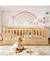Streamdale Furniture Solid Wood Montessori Floor Bed with Door and High Fence