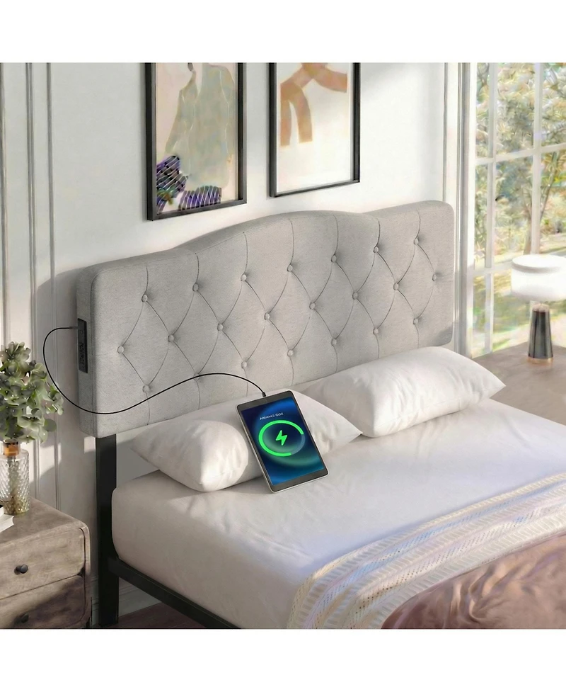 Slickblue Upholstered Tufted Headboard with 2 Ac Outlets for Queen and Full Beds