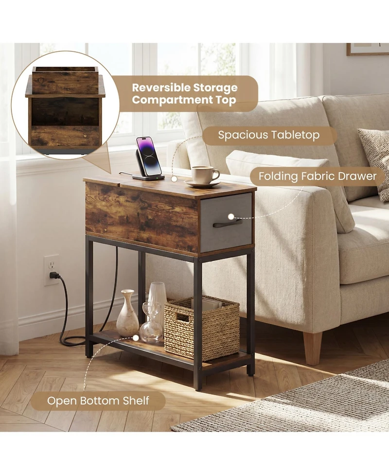 Slickblue Industrial Narrow End Table with Charging Station, Led Lights and Usb Storage Side Table