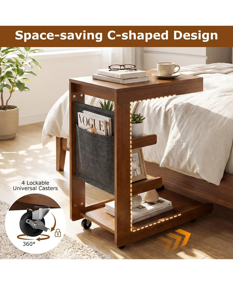 Slickblue Mobile C-Shaped Side Table with Adjustable Top and Wheels for Sofa Bedroom