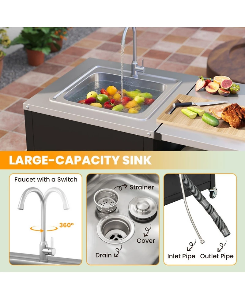 Gouun in Outdoor Grill Cart Table with Sink and Drainage, Stainless Steel Countertop