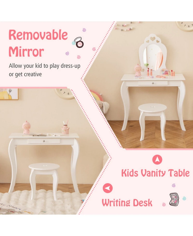 Gouun Kids Princess Makeup Dressing Table Set with Mirror and Drawer