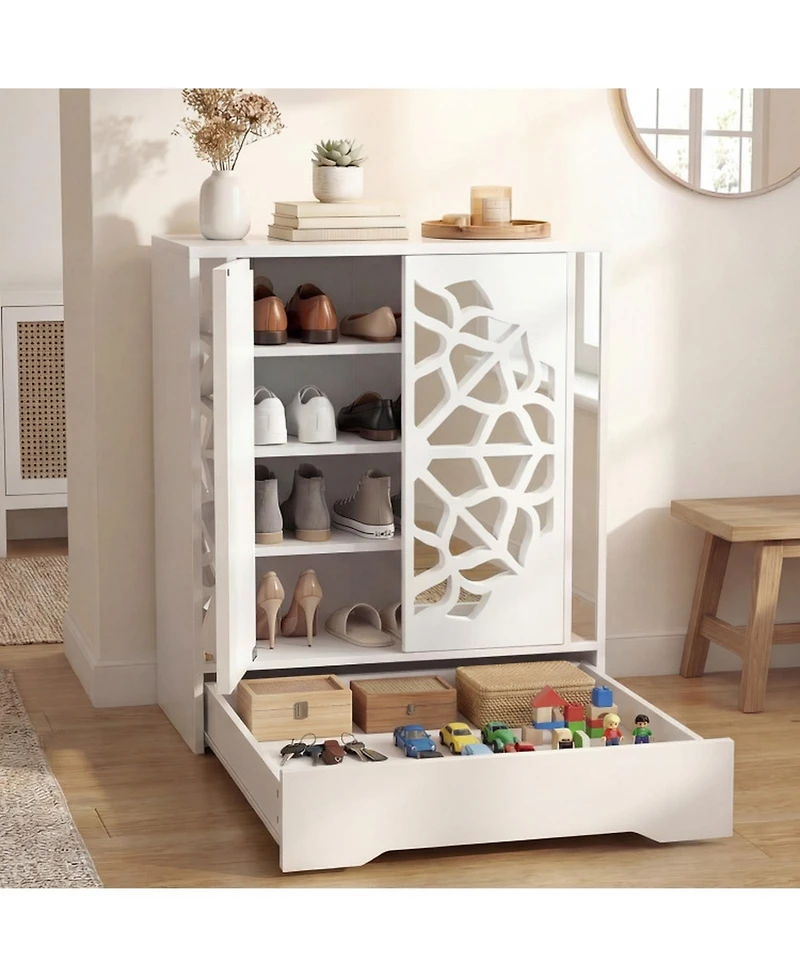 Gouun Mirrored 4-Tier Shoe Cabinet with Large Drawer and Push-to-Open Doors