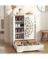 Gouun Mirrored 4-Tier Shoe Cabinet with Large Drawer and Push-to-Open Doors