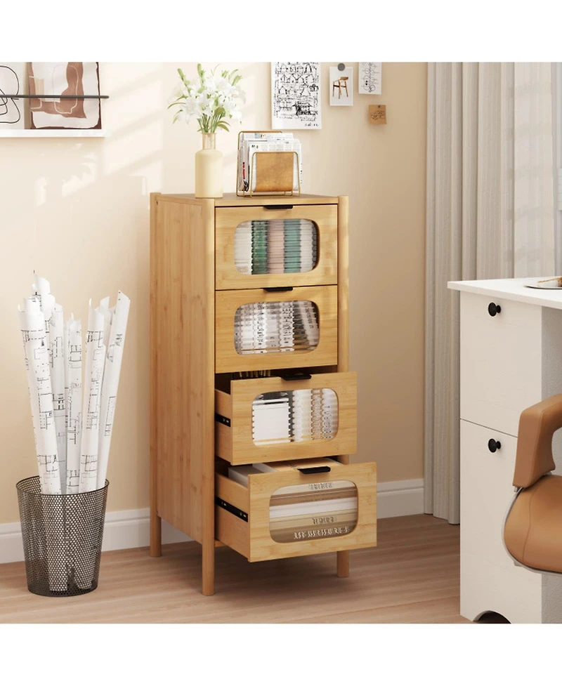 Gouun 4-Drawer Bamboo Storage Cabinet with Fluted Tempered Glass Drawers