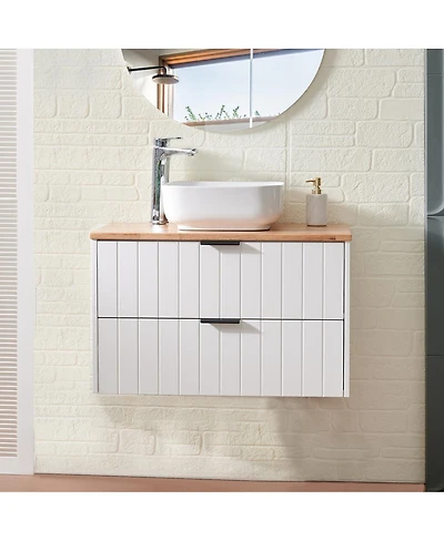 Sillysis Wall Mounted Bathroom Vanity with Solid Wood Top, Square Ceramic Sink, Double Drawers, Modern Storage for Small Spaces