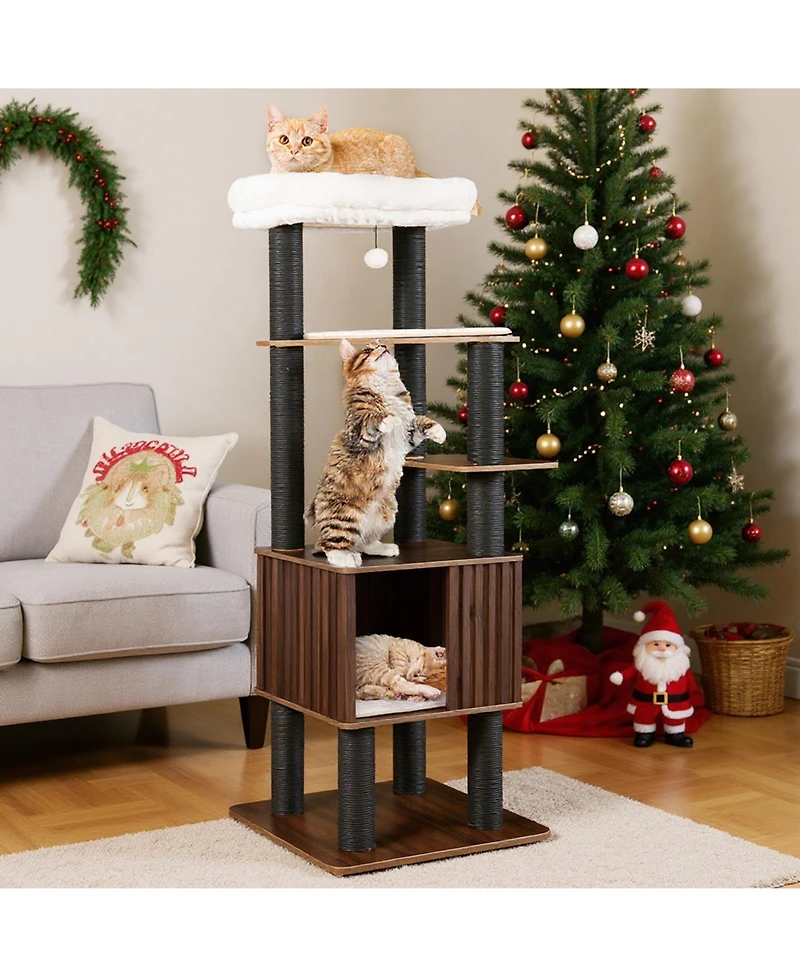 Gymax 64'' Tall Cat Tree for Indoor Cat Wooden Cat Tower Top Perch With Soft Padding Large Fence Style Cat Condo