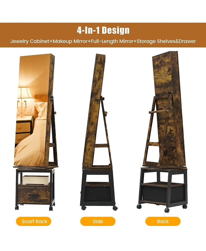 homfan Standing Jewelry Armoire with Full-Length Mirror, Rotating Base, Lockable Storage and Suede Lining