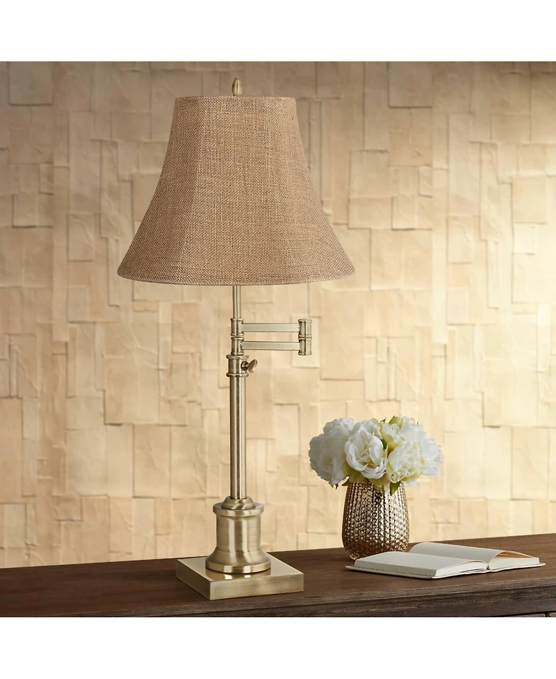 360 Lighting Traditional Swing Arm Desk Table Lamp Adjustable Height 36" Tall Antique Brass Burlap Bell Shade Living Room Bedroom