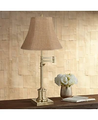 360 Lighting Traditional Swing Arm Desk Table Lamp Adjustable Height 36" Tall Antique Brass Burlap Bell Shade Living Room Bedroom